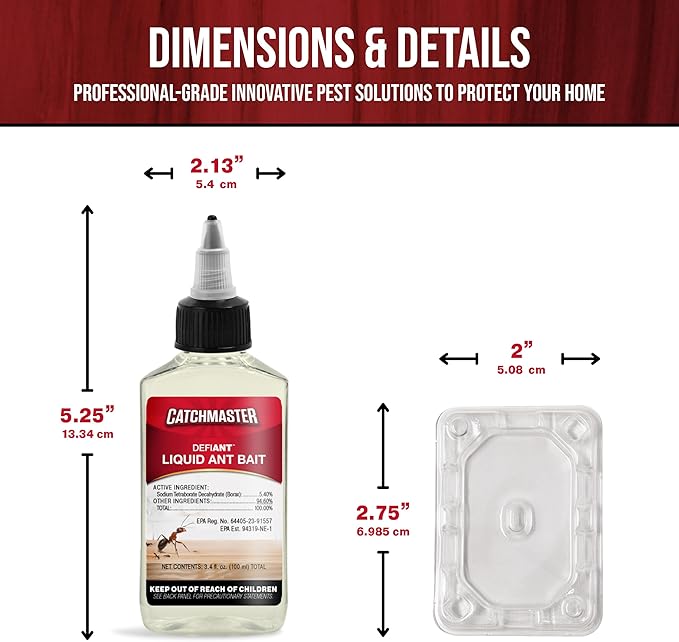 Catchmaster DEFIANT Premium Liquid Ant Killer, 1-Year Supply, Kills the Queen and Colony, No Mess Precision Bottle, Reusable Ant Traps Indoor & Outdoor, Pest Control Traps, Made in USA