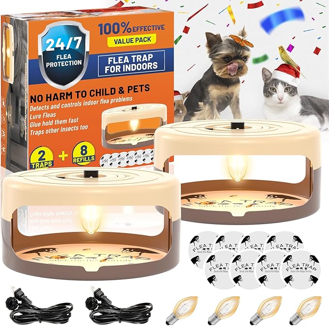 2 Pack Flea Traps for Inside Your Home, Indoor Flea Light, Bed Bug Killer with 8 Sticky Pads & 4 Light Bulb, Odorless Natural Insect Infestation Treatment Trap for Kid Pet