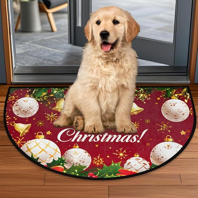 Christmas Half Round Door Mat, Christmas Bells Snowflakes Balls Semicircle Door Mats, Non Slip Area Rug Soft Doormat for Indoor Entrance Wear Resistant Welcome Mat for Garage Patio Home 24 x 36 In