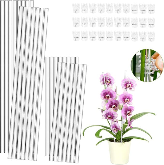 30 Pcs Plant Stakes Orchid Stakes 16Inch & 11Inch Clear Acrylic Plant Sticks Plastic Plant Support Stakes for Indoor Outdoor Garden with 30 Plant Clips for Potted Plants Vegetables Flowers