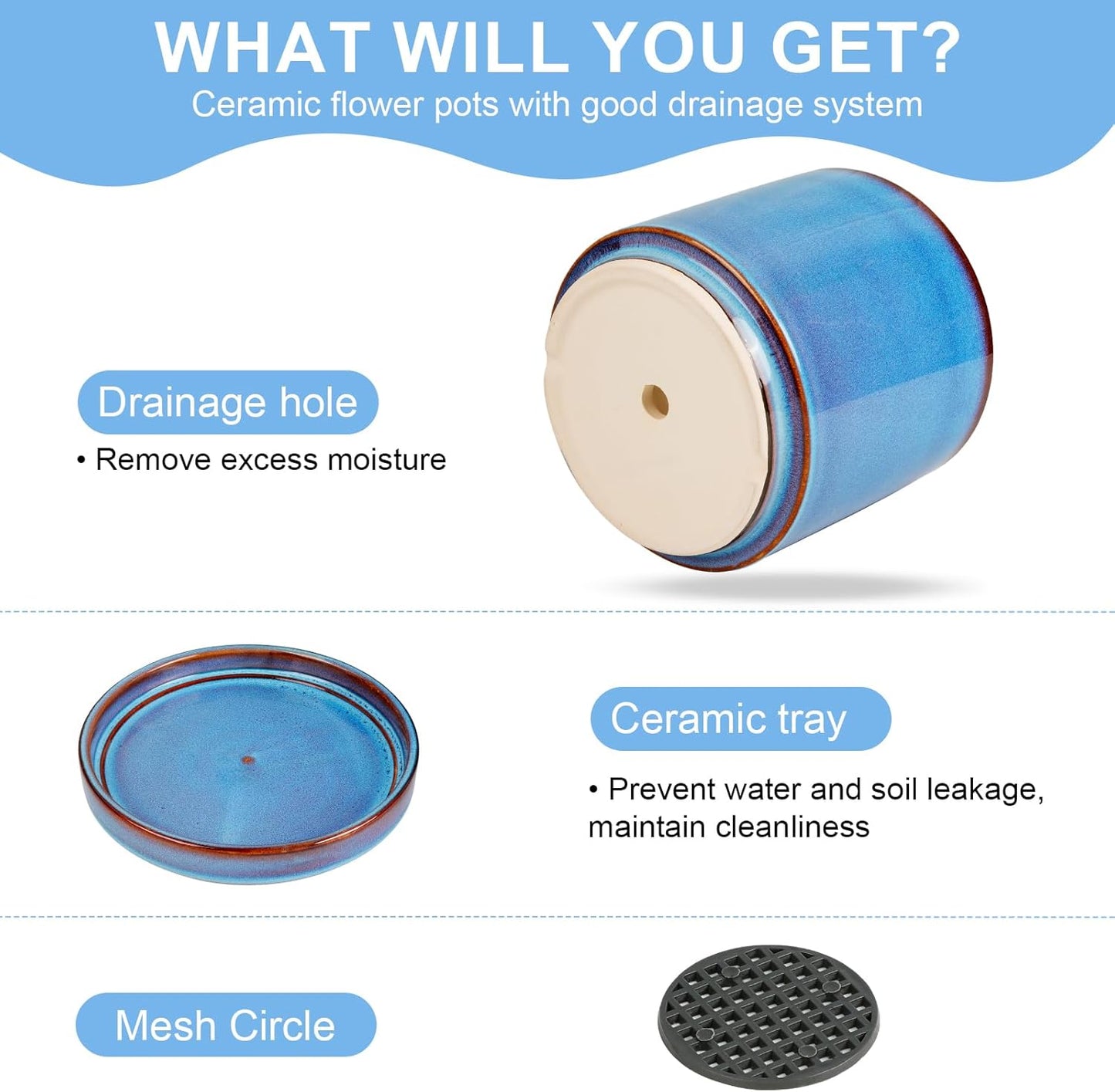 EFISPSS Ceramic Planter 8 Inch, Ceramic Plant Pots with Drainage Hole and Saucer, Indoor Modern Flower Pot for Home and Office Flower Pot - Blue