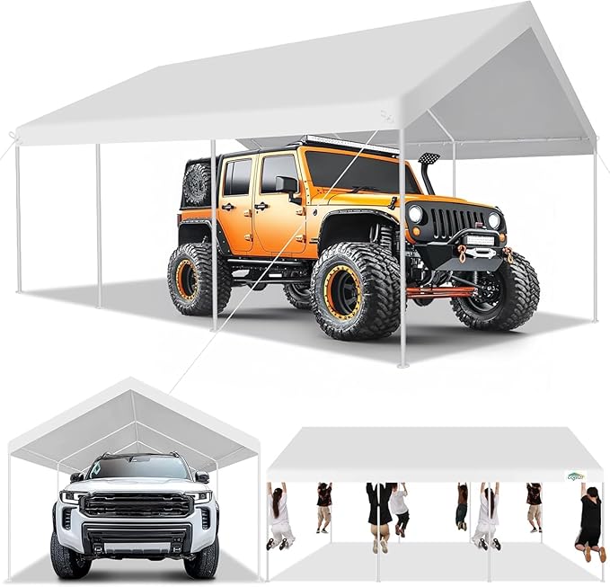 COBIZI Carport 12x20ft Heavy Duty Portable Garage, 2.0 Powder Coated Frame(Better Than Galvanized), Waterproof Shelter with Built-in Sandbags, for Car/Boat/SUV, White