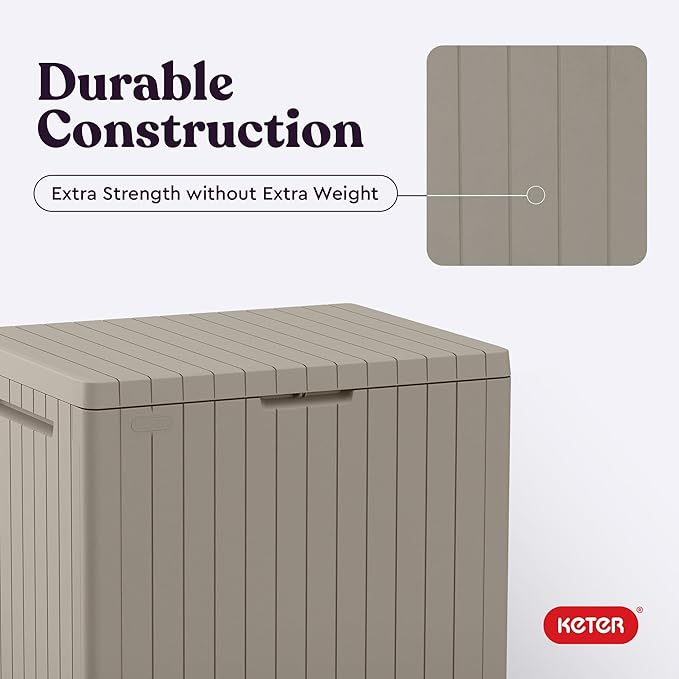 Keter City 30 Gallon Resin Outdoor Storage Box and Patio Furniture Side Table for Pool and Garden Accessories, Beige