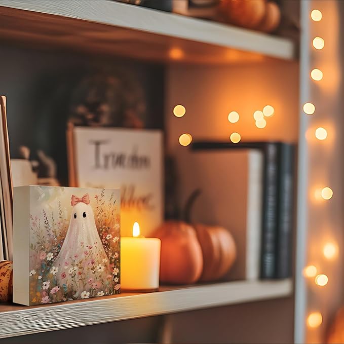 Mtrgdn Cute Halloween Decor,Halloween Decorations Indoor,Ghost with Bow Flower Desk Decor Wooden Box Sign,Halloween Home Office Kitchen Bathroom Bedroom Coffee Bar Table Shelf Wall Decorations,5x5 In