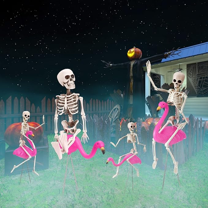 8 Pcs Halloween Skeleton Flamingo Decoration Outdoor Yard Ornament 15.7" Plastic Skeleton Decor with Posable Legs Flamingo Statue Decor for Yard Garden Lawn(Pink,M,Classic)