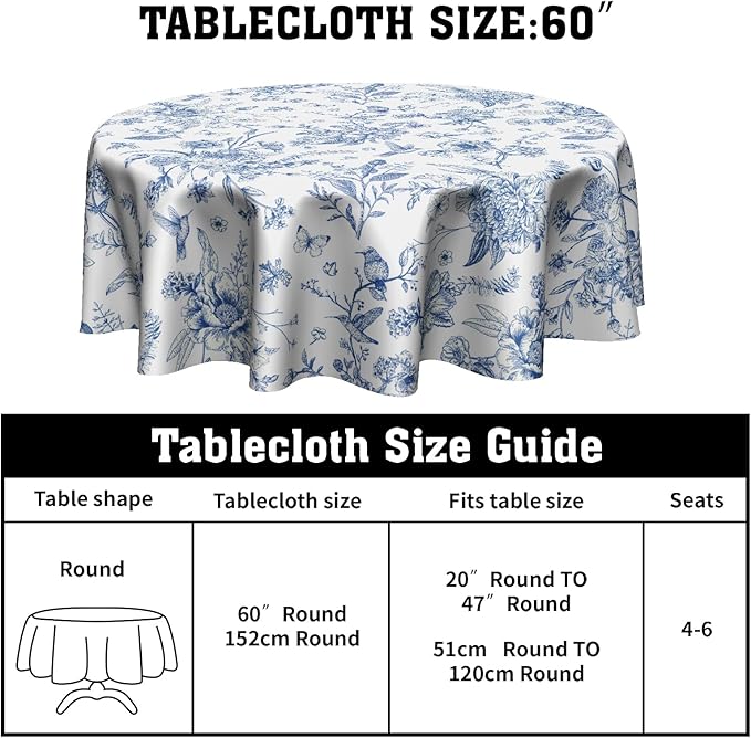 Giwawa Chinoiserie Floral Round Tablecloth 60 Inch,Traditional Blue White Birds Flowers Reusable Washable Polyester Table Cloth Cover for Holiday Picnic Dinner Table Decor