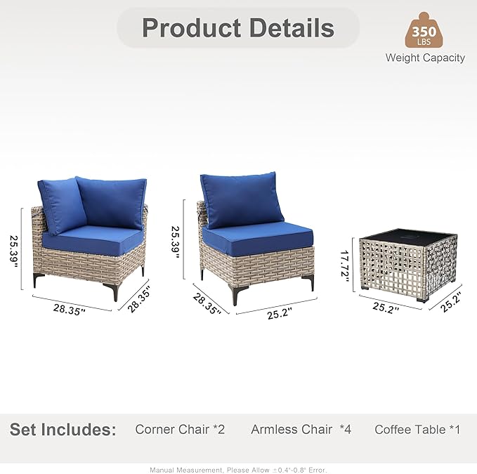 HOOOWOOO Outdoor Patio Furniture Set,7 Pieces Wicker Out Door Sectional Furniture L Shaped Couch,Outside Patio Conversation Sets with LED Table,Navy Blue