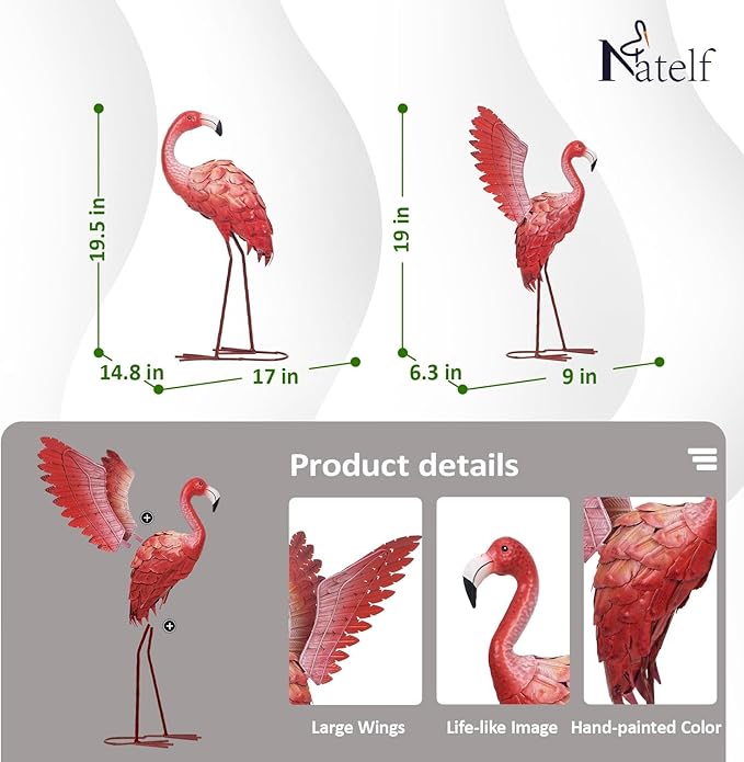 Natelf Pink Flamingos Garden Statues Art Decorations Flamingo Outdoor Medium Sculpture Yard Art Metal for Lawn Yard Patio, Porch, Home for Women, Mom, Grandma, Lover