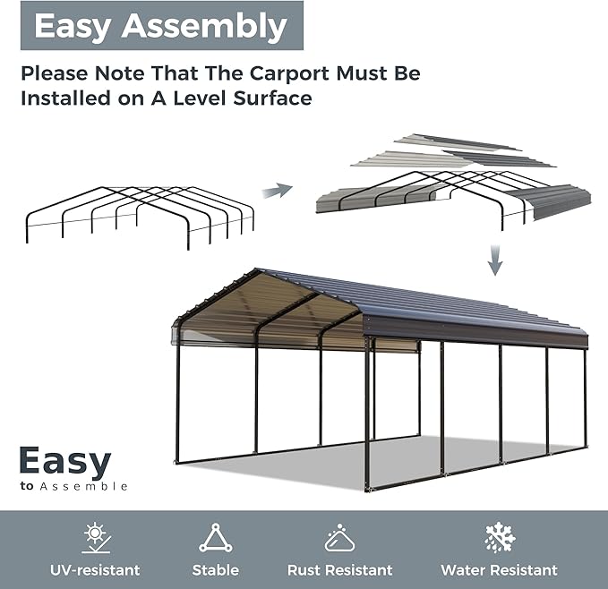 GREEN PARTY 12 x 20 ft Metal Carport Kits with Galvanized Steel Roof, Heavy Duty Metal Carport Canopy, Outdoor Car Tent Metal Garage Shelter for Car, SUV, Truck and Boats, Grey