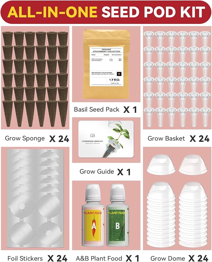 LYKOCLEAN Hydroponic Seed Pod Kit Compatible with AeroGarden, Ahopegarden, iDoo, MUFGA, 24 Pods Complete Growing Anything Garden Supply with Strawberry Seeds, Grow Sponges, Baskets, Domes, Labels