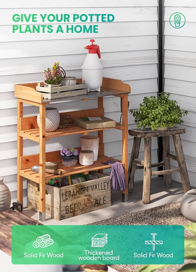 ARNOT Potting Bench,Outdoor Potting Bench Table with Sink and Storage Shelves, Wooden Garden Workstation for Gardening Tools, Planting, and Repotting – Natural Fir Wood (30" x 14.5" x 35")
