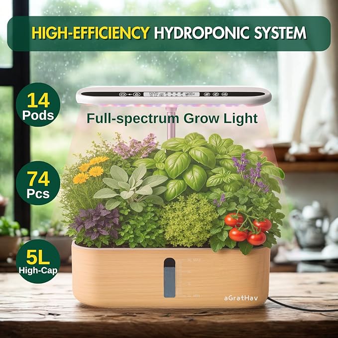 Hydroponics Growing System Kit, Indoor Herb Garden, 14 Pods Upgraded LCD Display, LED Grow Light Quiet Smart Water Pump Automatic Timer, Hydroponic Planter for Home Kitchen Office