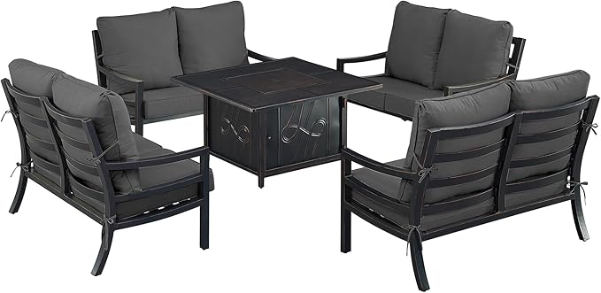 Oakland Living Black Aluminum Patio Fire Table Set with Four Deep Seating Loveseat with Cushions with Black Cushions