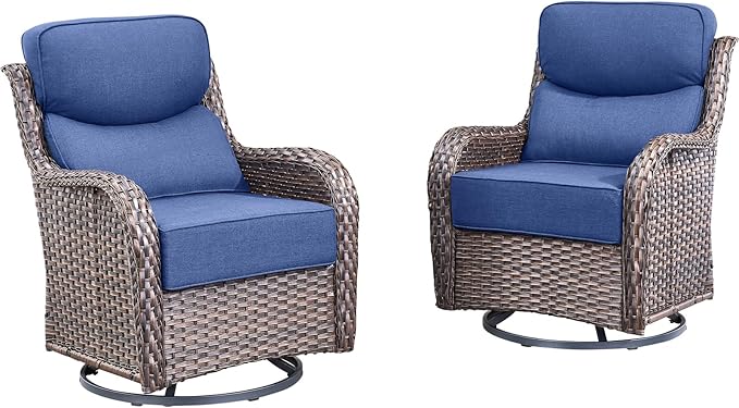 Outdoor Patio Swivel Rocker Chairs Set of 2, Waterproof Wicker, High Back, Deep Seating, Wide Armrest, Upgraded 6 inch Thick Cushions, Ideal for Deck Porch Backyard, Brown/Blue