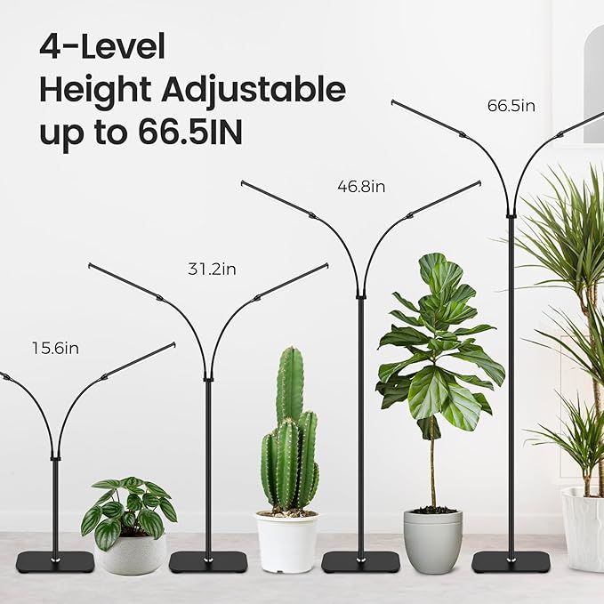 Plant Light for Indoor Growing, Full Spectrum Dual Heads Grow Light, 66.5in Extendable Stand,144 LEDs,10-Level Dimmable, Auto Timer, Adjustable Gooseneck Floor Lamp for Tall Large Plants