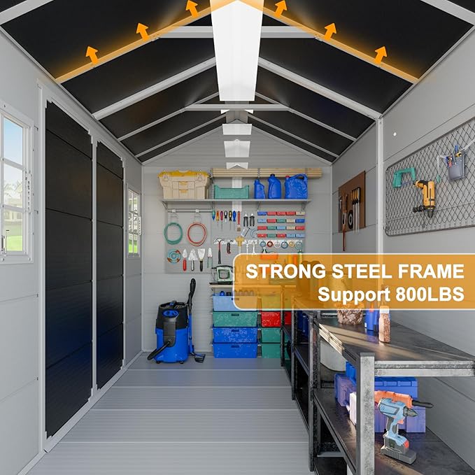 8x6 FT Resin Storage Sheds with Floor and Adjustable Openable Windows, Large Waterproof Garden Sheds with Base, Outside Plastic Sheds with 2 Windows for Backyard Garden Patio Lawn Tools Storage, Gray