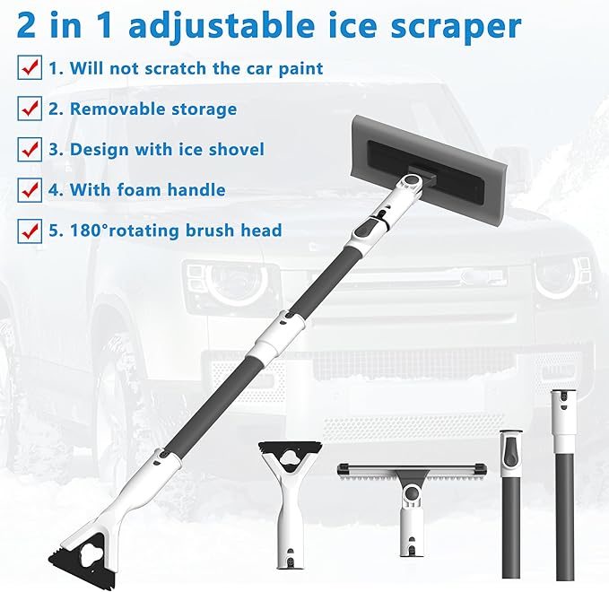 47.3" Ice Scrapers for Car Windshield, 2 in 1 Ice Scraper and Snow Brush with Comfortable Foam Grip, Adjustable Length Settings, Snow Removal Tool for Car, Truck, SUV, Winter car Accessories