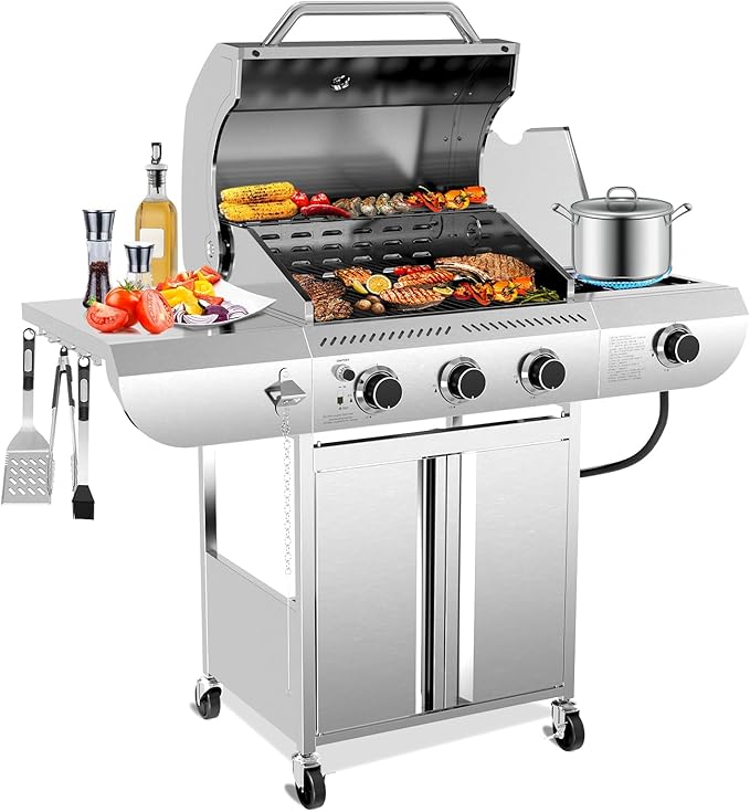 3-Burner Propane Gas Grill with Side Burner – 34,000 BTU Stainless Steel Outdoor BBQ Grill, Cast Iron Grates, Portable with Wheels for Patio, Camping