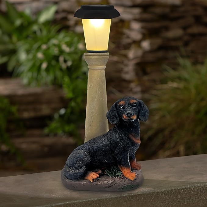BAYN Solar Dog Garden Statues with Lantern, Resin Dachshund Sculpture with Warm White Light for Outside Lawn Porch Patio