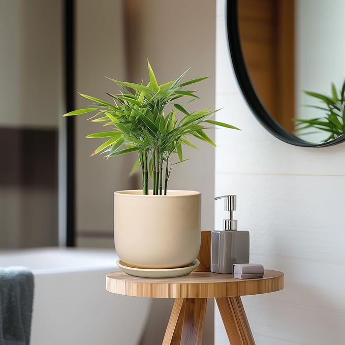 Ceramic Plant Pot - 7 Inch Mid Century Round Ceramic Planter for Indoor Plants with Drainage Hole and Saucer, Modern Home Decor, Yellow