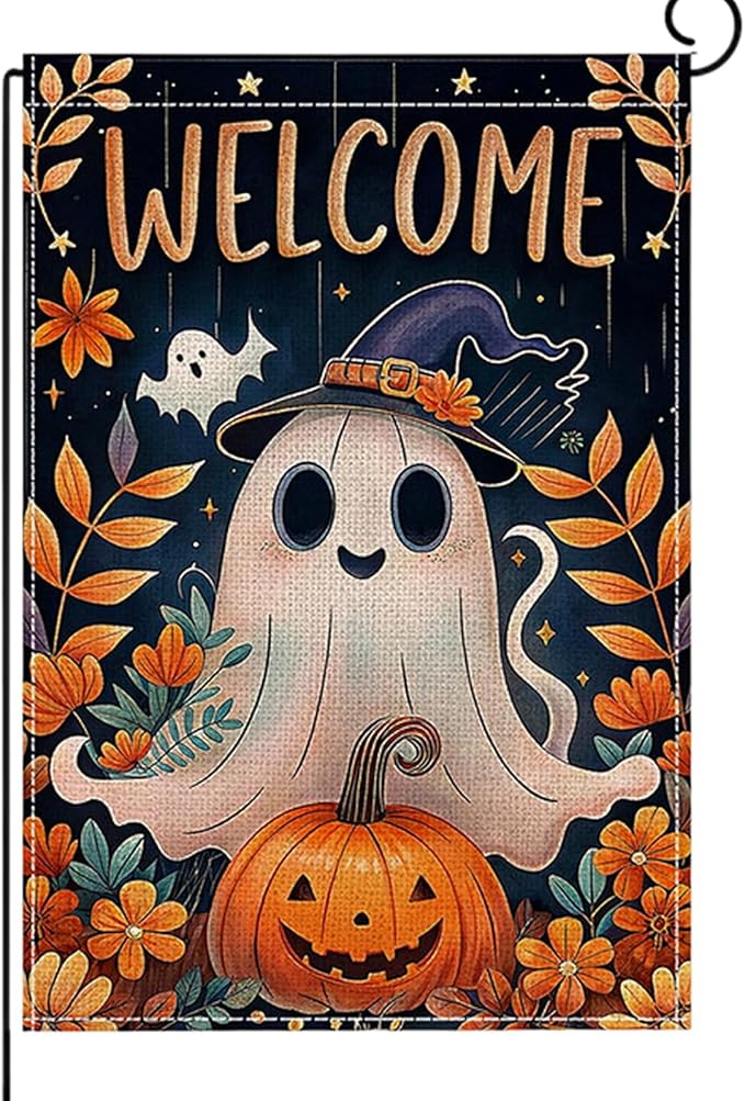 Halloween Garden Flag 12 x 18 Inch Double Sided Ghost Pumpkin Designs Fall Autumn Burlap Yard Flag for Outside Rustic Yard Outdoor Holiday Home Decoration