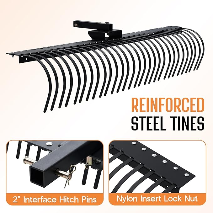 Specraft 72" Behind Landscape Rake for Tractor, Tow Dethatcher Rake with 29 Steel Coil Tines and 2" Receiver, Fit for 3-Point Suspension Systems