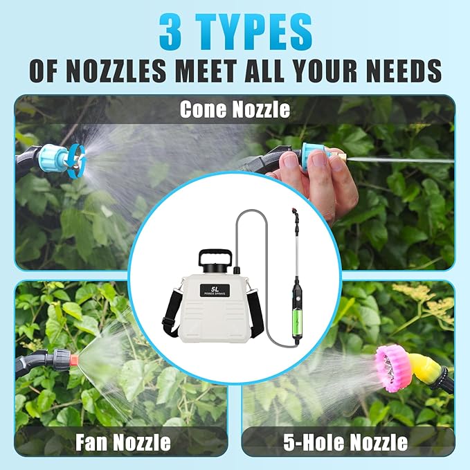 Battery Powered Sprayer 1.35 Gallon, Electric Garden Sprayer with 3 Mist Nozzles,Retractable Wand, Adjustable Strap for Lawn, Garden, Yard (White)