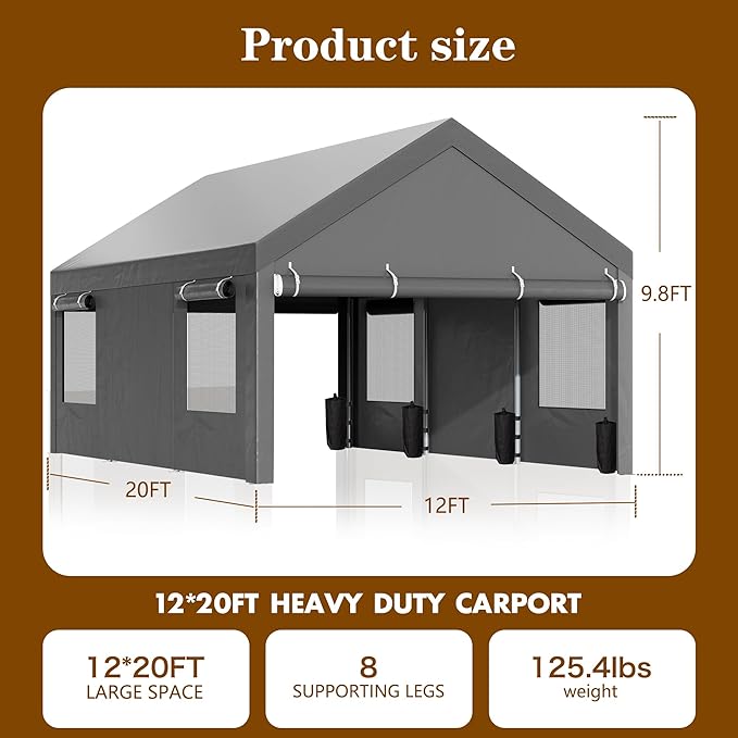 Walsunny Carport, 12x20 ft Heavy Duty Carport Canopy with Roll-up Windows, Portable Garage with Removable Sidewalls & Doors, Car Canopy with All-Season Tarp for Car, Truck, Boat