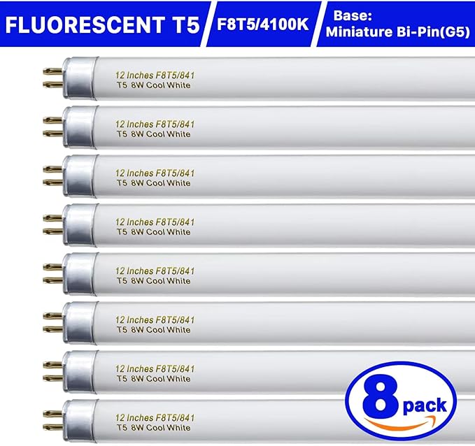 8 Pack F8T5/CW Fluorescent Bulbs, T5 12 inch 8 Watts Under Cabinet Light Bulb Cool White, G5 Mini Bi 420 Lumen