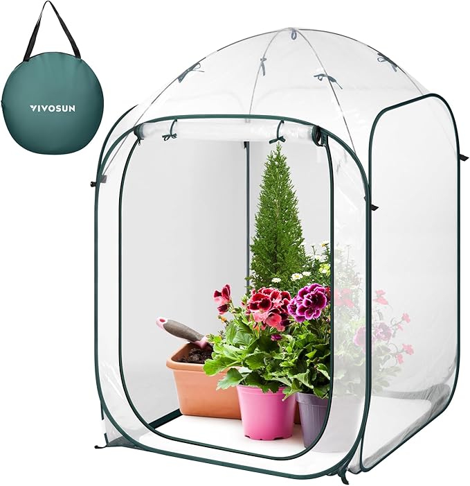 VIVOSUN 39x39x63-Inch Portable Walk-in Greenhouse, with PVC Cover & Detachable Base, Instant Pop-up and Folding, Mini Greenhouse with Roll-Up Door & Mesh Window for Indoor Outdoor, Wind Ropes Included