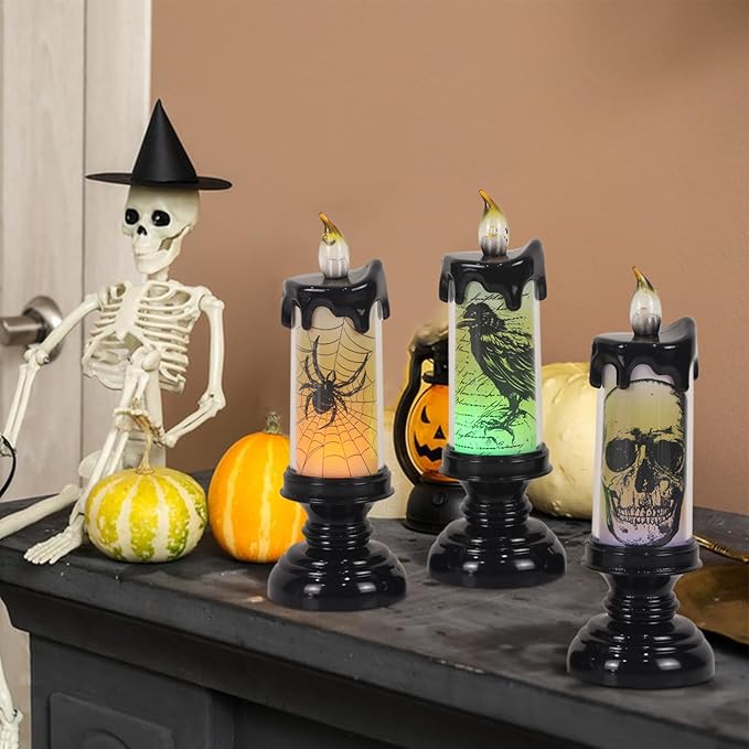DRomance Halloween Flameless Flickering Candle Lights with Remote Timer, Battery Operated LED Candle Lamp Spooky Skull Crow Spider Decals and Lights Indoor Decor(3 Pack, 2.8" D x 7.8" H)