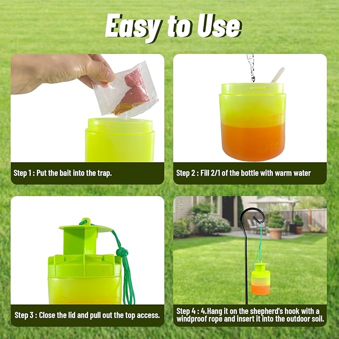 4 Pack Reusable Outdoor Fly Trap with Shepherd Hooks, Non-Toxic Bait for Farm, Garden, Patio. Hanging Flies Killer Catcher, Outside Weather Resistant Bug Control