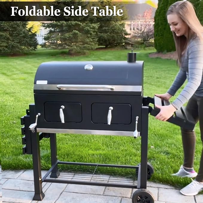 Sophia & William Extra Large Charcoal BBQ Grills with 794 SQ.IN. Cooking Area, Heavy Duty Outdoor Barbecue Grill with 2 Individual Lifting Charcoal Tray and 2 Foldable Side Table, Black