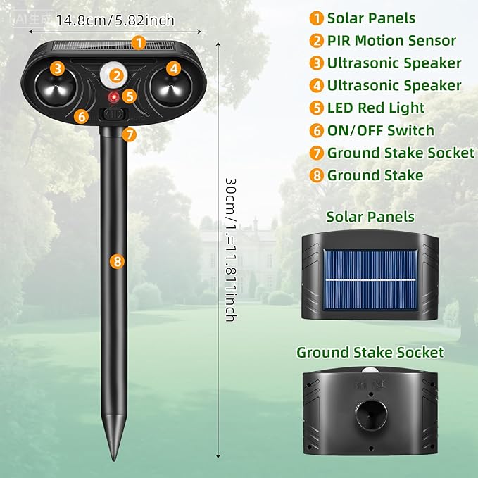 Solar Ultrasonic Animal Repellent Outdoor, Deer Repellent Devices, Waterproof Cat Rabbit Repeller with Motion Detection Flash Light to Deterrent Squirrel Dog Skunk Raccoon for Garden Yard Farm(4Pack)