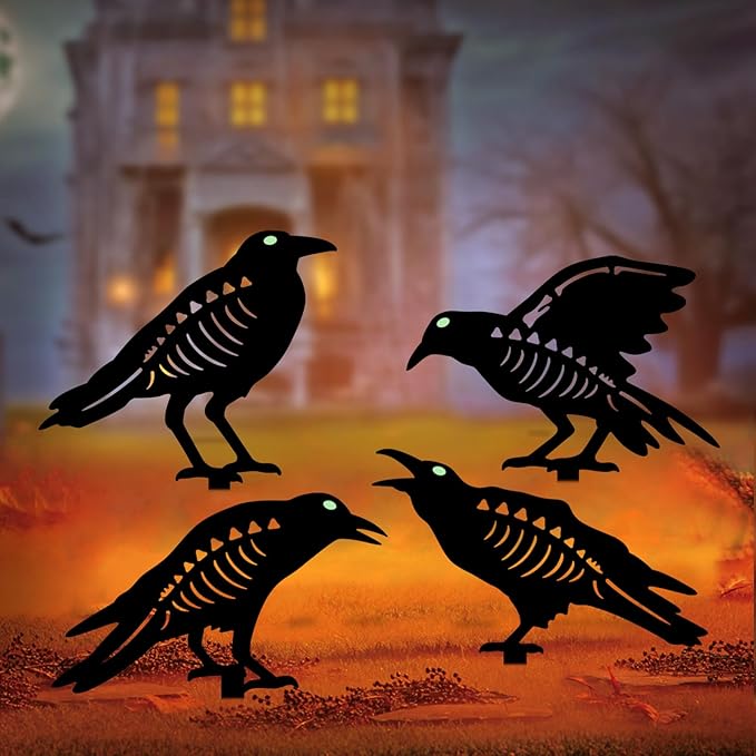 Halloween Decorations Outdoor,Metal 4 Pack Black Crow Garden Stake - Spooky Glow in The Dark Raven Silhouette Crows Halloween Decorations