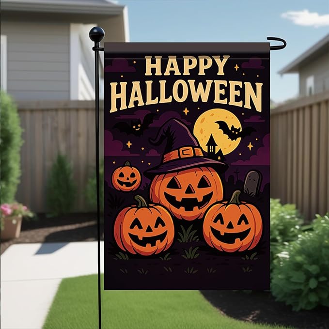 Happy Halloween Garden Flag Pumpkin Witch Hat Bats 12x18 Inch Double Sided Outdoor Yard Banner for Trick or Treat Haunted House Halloween Decoration Decor