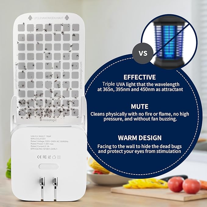Mosalogic Fruit Fly Traps for House Use Gnat Trap Flying Insect Trapper Plug-in Mosquito Killer Indoor Gnat Moth Catcher Fly Tapper with Night Light UV Attractant Catcher for Home Office White-1PACK