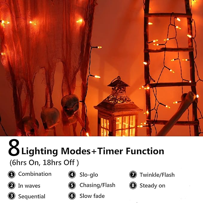Joomer Orange Halloween Lights, 33ft 100 LED Battery Operated Mini String Lights Waterproof with 8 Modes & Timer Function for Halloween Decorations