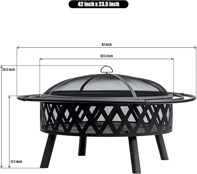 42 Inch Wood Burning Fire Pit with 2 Loops, Outdoor Fire Pit with Spark Screen & Fire Poker, Cross Weave Firepit for Outside Fireplace Bonfire for Yard,Patio, Garden