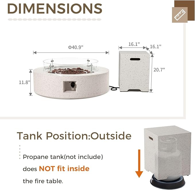 SUNBURY Outdoor 42 Inch Propane Fire Pit Table, 50000 BTU Spotted White Patio Gas Fire Table w Glass Wind Guard, Tank Table, Lava Rocks