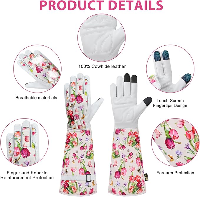 DLY Gardening Gloves for Women, Rose Gloves Gardening Thorn Proof, Long Garden Gloves for Women, Breathable Cowhide Leather Gauntlet(Large,White)