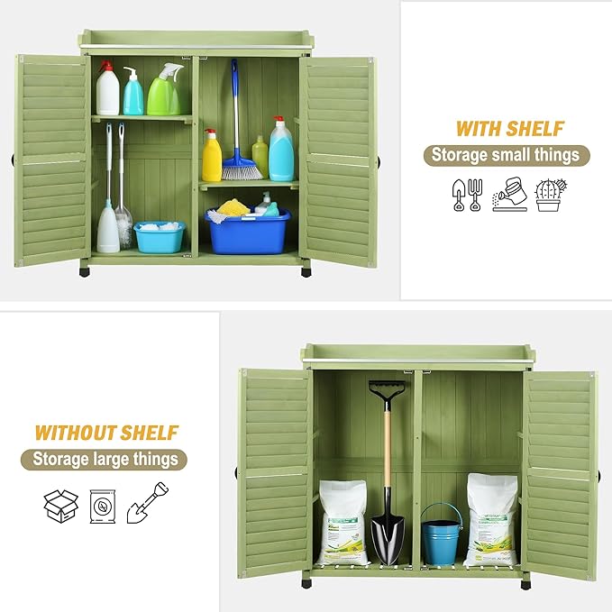 Outdoor Potting Bench with Metal Work Top,Waterproof Garden Storage Cabinet,Wooden Tool Station Shed for Backyard,Patio,Lawn Gardening