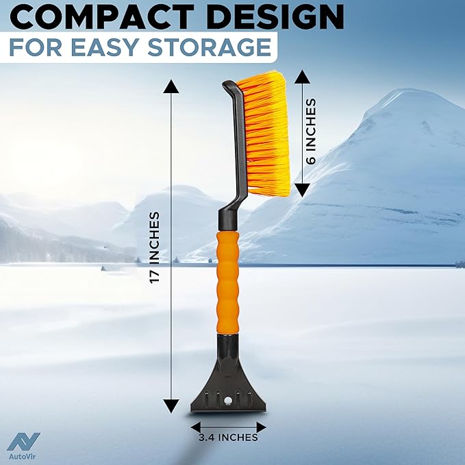 17" Snow Brush & Ice Scraper for Car Windshield | Heavy-Duty Snow Removal Tool | Small Snow Brush with Ergonomic Foam Grip | Essential Car Winter Accessory | Efficient Snow Clearing Brush