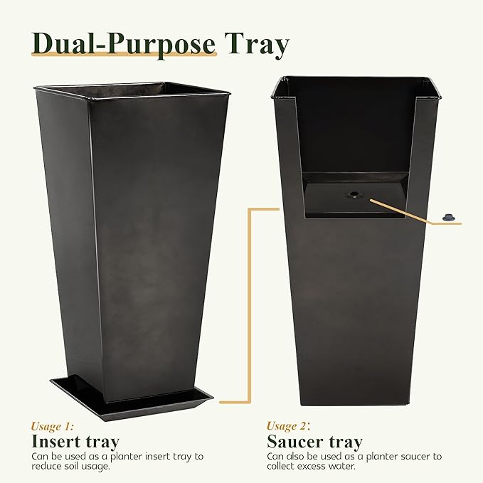 Worth Garden Large Metal Glazed Planter Set of 2 (25" + 28"), Luxurious Glossy Finish Black Tall Square Tapered Steel Plant Pot, Decor Flower Pot Indoor & Outdoor, Drainage Hole & Dual-Purpose Saucer