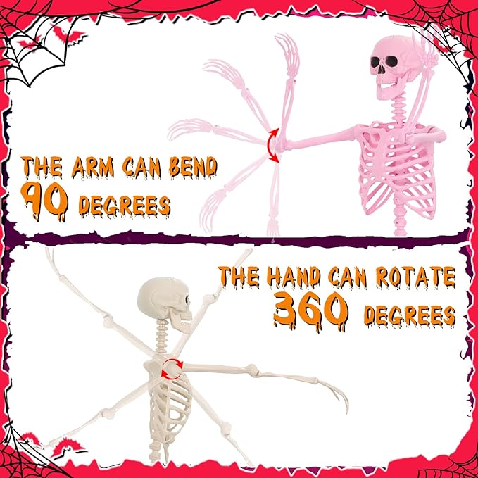 Tellingyou 6 Pcs Halloween Skeleton Decorations, Include 2 Pcs 5.4 ft Pink White Posable Life Size Skeletons, 1 Cane, 1 Tulle Skirt, 1 Hat, 1 Pink Glasses for Halloween Graveyard Haunted Decor