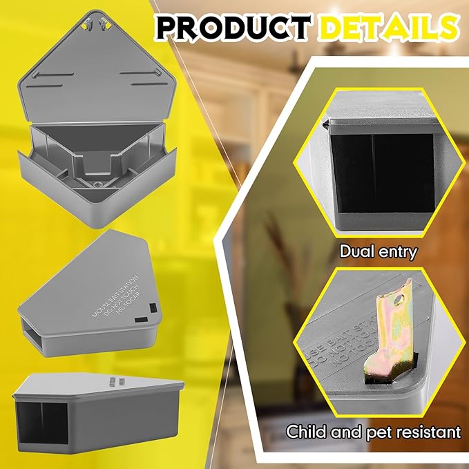 Qualirey 24 Pcs Mice Station with Key Triangle Bait Station Reusable Rodent Trap Bait Box, Keeps Children and Pets Safe Indoor & Outdoor, Bait Not Included, Suitable for Small Mice (Gray)