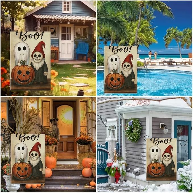 Halloween Garden Flag 12x18 Inch Double Sided Ghost Pumpkin Skeleton Yard flag Outdoor Holiday Party Porch Decor for Patio Lawn Garden Home Decoration