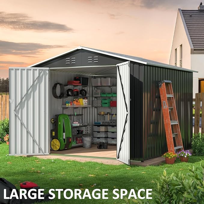 Polar Aurora Outdoor Storage Shed, Metal Garden Shed with Updated Frame Structure, Tool Sheds for Backyard Garden Patio Lawn (Black, 8x8 FT)