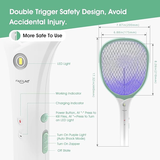 Faicuk Rechargeable Handheld Bug Zapper Racket 2 in 1 Electric Fly Swatter (2 in 1 Green)