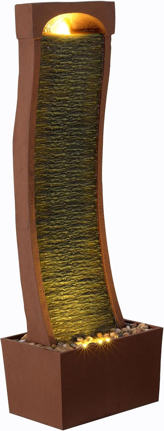 Teamson Home 38.5" Indoor/Outdoor Modern Curved Faux Slate Waterfall Fountain with LED Lights, Red Rock